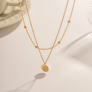 Minimalist Double Layer Necklace 18K Gold Plated Stainless Steel With Round Disc Pendant Beaded Ball Chain For Women Elegant