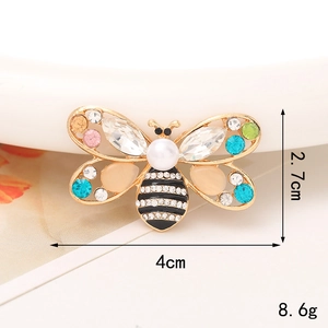 Golden bee charm with colorful rhinestones and white pearl, size 4cm x 2.7cm, weight 8.6g