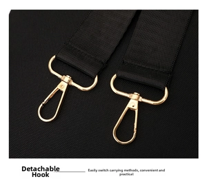 Detail of the golden detachable metal hook and black nylon strap on the backpack