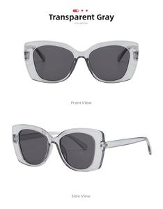 Front and side view of transparent grey oversized sunglasses with dark grey lenses