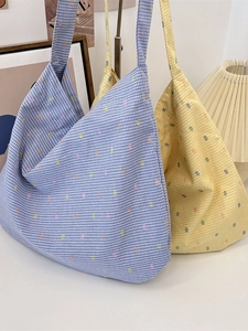 Chic gingham canvas tote bag with polka dot embroidery for summer shoulder use