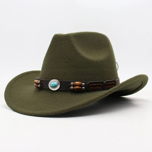 Detail of wool fedora hat featuring brown leather band with turquoise and wooden beads