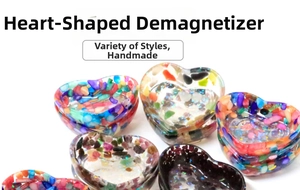Macro shot of heart-shaped resin trays filled with colorful natural crystal stones
