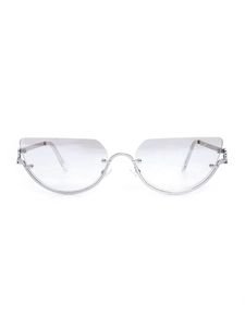 Front view of silver metal semi-rimless cat-eye frames with clear resin lenses