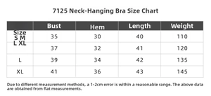 Size guide table for women yoga halter neck sports bra with measurements for S to XL