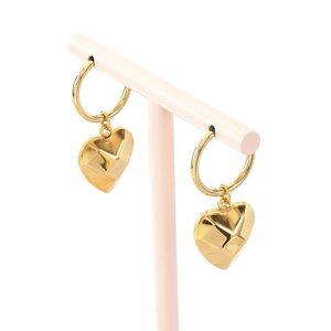 Golden stainless steel hoop earrings featuring 3D geometric faceted heart pendants