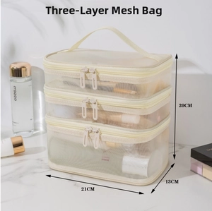 Three-layer mesh cosmetic bag with double zippers and handle for large storage