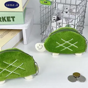 Cute green plush turtle coin purse set with zipper closure and silver metal ball keychain