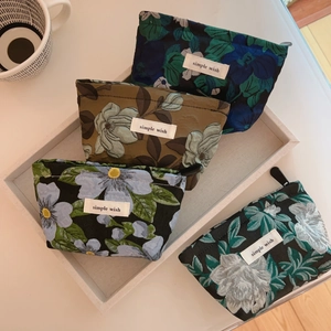 Detail of four mini jacquard pouches with floral embroidery and top zipper closure
