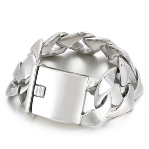 Polished silver stainless steel Cuban link bracelet for men with chunky rectangular clasp