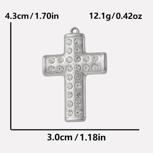 Detailed dimensions of silver 304 stainless steel cross pendant with cubic zirconia inlay