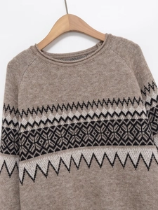 Close-up of khaki knit sweater showing black and white geometric jacquard pattern details