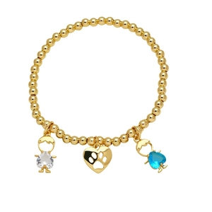 Gold beaded bracelet with boy, girl and hollow heart charms with sparkling zircon stones