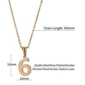 Collier chiffre 6 doré en acier inoxydable plaqué or 18K avec pendentif poli pour femme