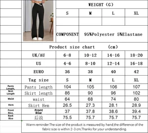 Size chart showing material composition and measurements for flared trousers