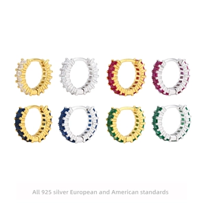 Baguette Cut Colorful Cubic Zirconia Hoop Earrings 925 Sterling Silver Geometric Huggie Jewelry For Women