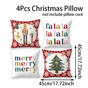 Close-up of four Nutcracker Christmas pillow covers featuring festive red and white prints