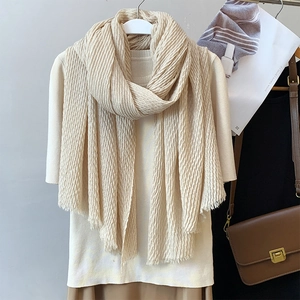 Solid Color Crinkle Scarf Pleated Polyester Lightweight Sun Protection Shawl Vintage Style Elegant Wrap For Women