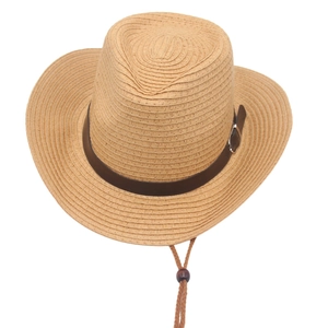 Western straw cowboy hat for men and kids with leather band and adjustable wind rope