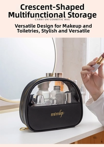 Detail of crescent travel cosmetic bag with clear PVC and black leather finish