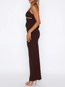 Detail view of the brown Y2K long dress featuring delicate white lace trim on the bodice