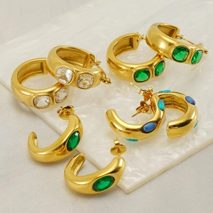 C-Shape Hoop Earrings 18K Gold Plated Stainless Steel Geometric Zircon Rhinestone Jewelry For Women