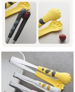 Detailed view of colorful cat paw food tongs for salad and bread in various colors