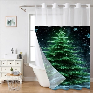 Christmas tree forest shower curtain with metal grommets and translucent top mesh