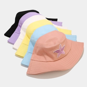Colorful cotton bucket hats with starfish embroidery in vibrant macaron shades for sun protection
