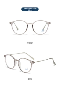 Front and side views of round anti-blue light glasses in transparent grey with silver temples