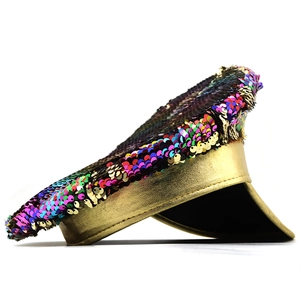 Detailed side view of luxury military cap with colorful sequins and golden leather brim