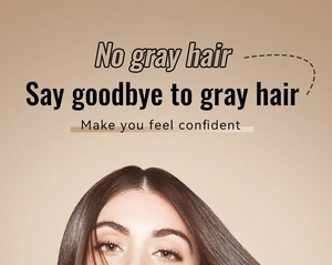 Close-up of model with smooth brown hair and marketing text for gray hair coverage