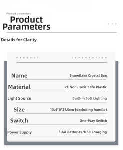 Specifications of LED Christmas snow globe lantern with dimensions and power options