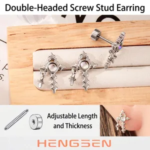 Cross Opal Titanium Steel Piercing Stud Star Pendant Threaded Screw Back Punk Jewelry For Unisex