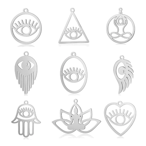 Set of 9 silver stainless steel charms featuring evil eye, lotus, and hamsa hand designs