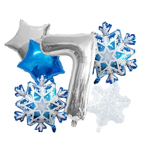 Detailed set of silver number 7, blue stars and snowflake foil balloons for winter parties