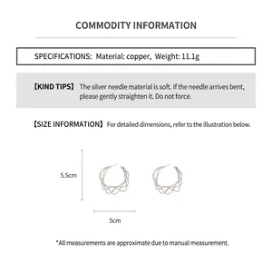 Silver twist C-shaped hoop earrings with hollow geometric design and size specifications