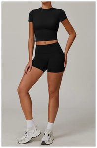 Close-up of black high-waisted yoga shorts and slim fit crop top on a female model