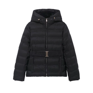 Women's black hooded short down jacket with a metallic gold buckled waist belt