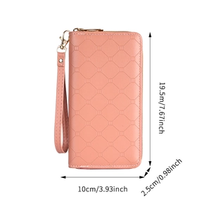 Pink quilted long leather wallet for women with wristlet strap and size dimensions