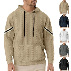 Detail showing knit texture and striped cuff design on men's multi-color hoodies