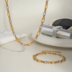 Ensemble collier et bracelet en acier inoxydable bicolore or et argent à maillons
