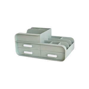 Modern light green desktop organizer with multiple compartments and white handle drawers