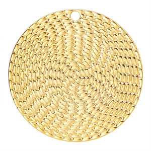 Polished 18k gold plated round pendant with woven texture and top hanging hole for jewelry