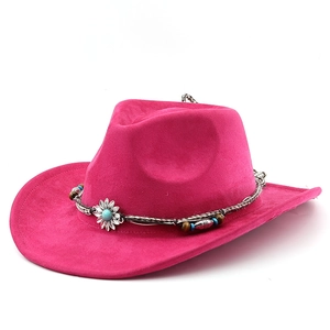Fuchsia suede cowboy hat with wide brim, ethnic woven band and sunflower turquoise buckle