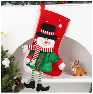 Detail of hanging Christmas stocking with cute cartoon snowman and striped long legs