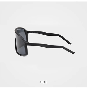 Side profile of black matte cycling sunglasses with large polarized lenses and geometric arms