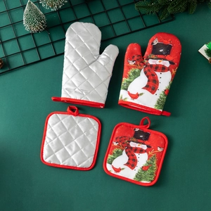 Christmas oven mitts and pot holders set with snowman print and quilted silver texture