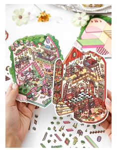 Detail of colorful hand-drawn indoor scene stickers for journal decoration and DIY crafts