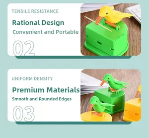 Detail of bird-shaped toothpick dispenser showing polished ABS finish and pressing mechanism